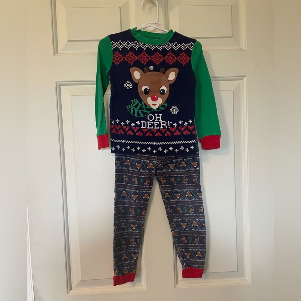 Festive Reindeer Kids Pajama Set - Green, Red, and Blue